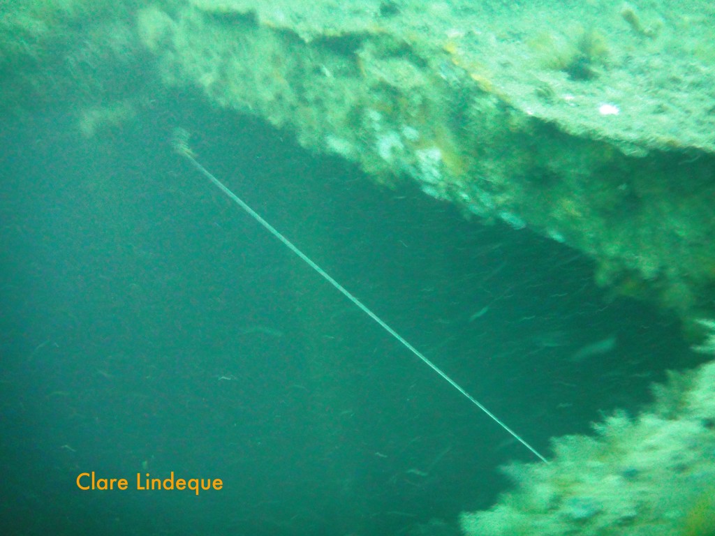 Peter Southwood's line stretches beneath a hatch in the deck