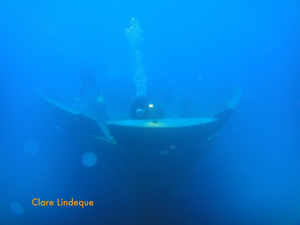 Tony (foreground, with light) and Sergey on the bow of the Um El Faroud